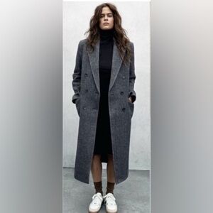 Vintage JG HOOK Gray Herringbone Double-Breasted Long Coat size XL 100% wool USA